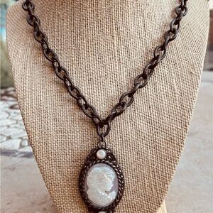 Antique-Inspired Cameo Pendant Necklace with gunmetal chain